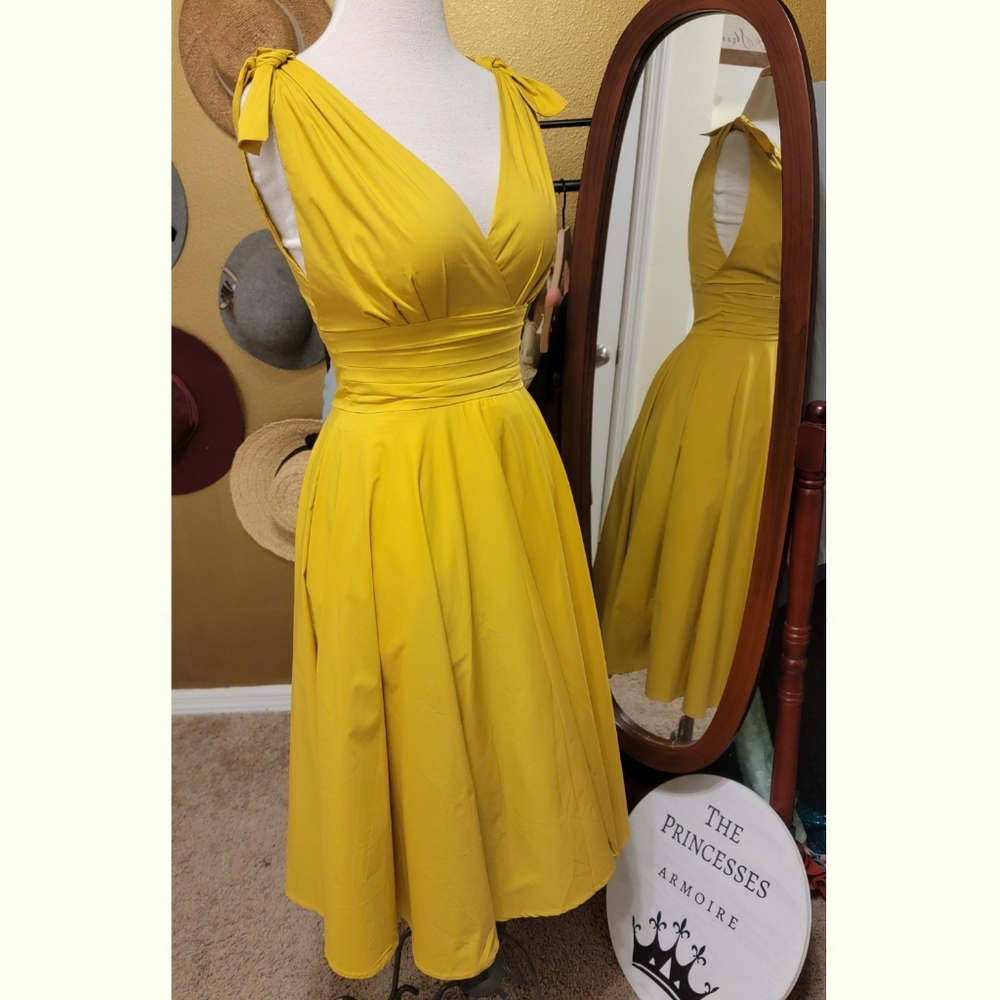 Retro VTG Yellow Sally Fitted Midi Dress - Picture 4 of 7